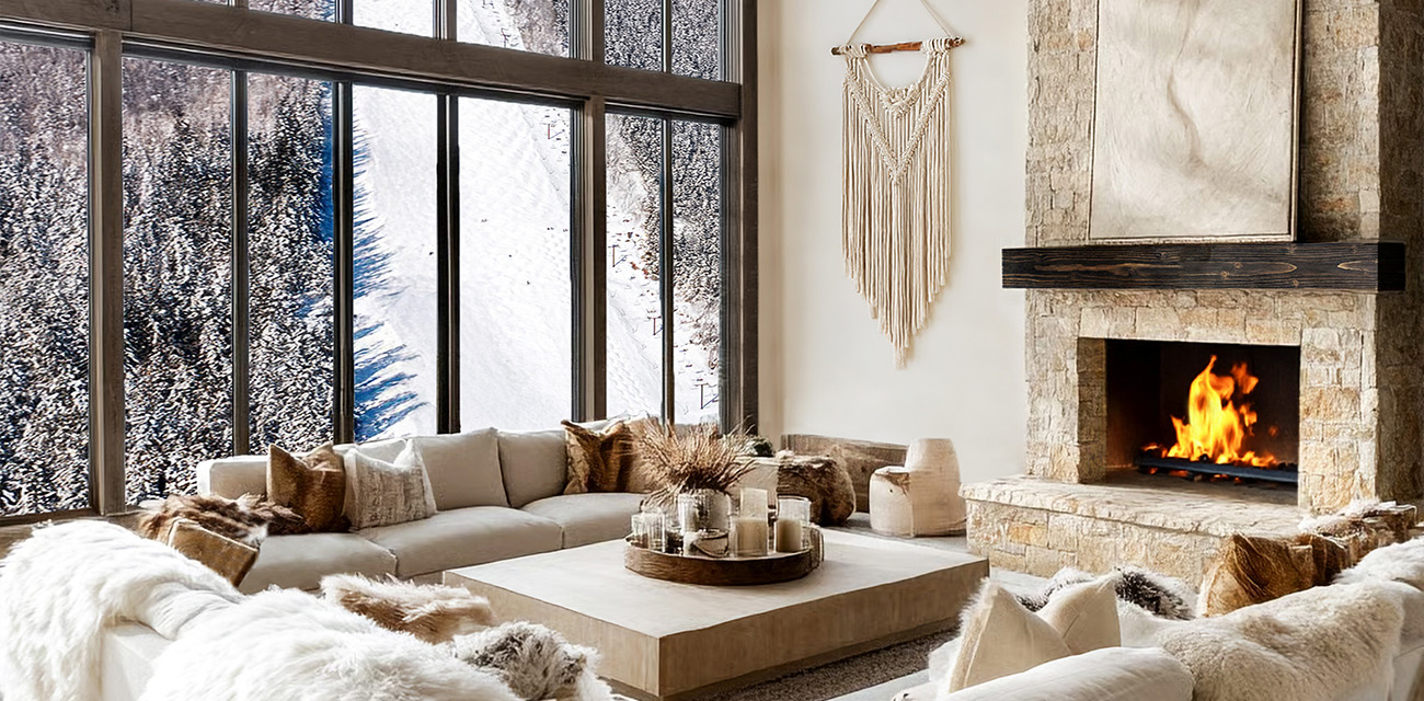Cozy living room with a stone fireplace, large windows overlooking snowy trees, and neutral-toned modern decor.