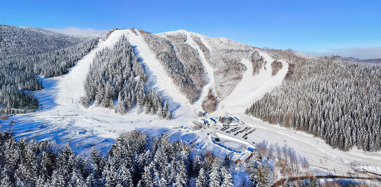 Aerial view of a snowy ski resort with tree-lined slopes and clear blue sky.