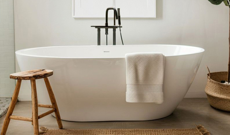 Modern bathroom with a white freestanding bathtub, towel, wooden stool, and woven accents.