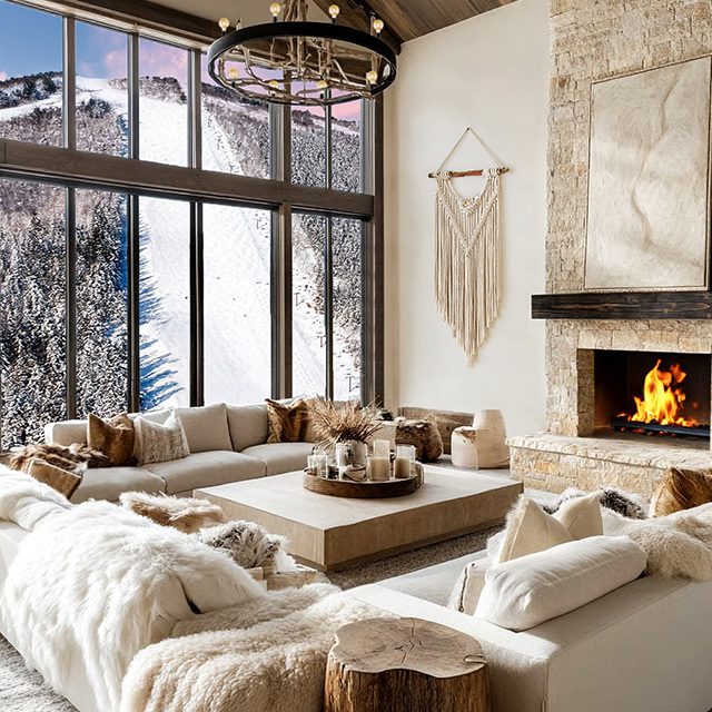 Cozy living room with a stone fireplace, large windows overlooking snowy trees, and neutral-toned modern decor.